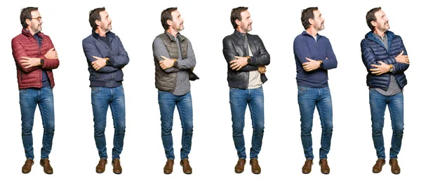 Collage Eines Gutaussehenden Mannes Mittleren Alters Der Andere Blicke Auf — Stockfoto