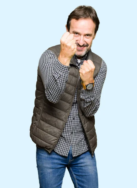 Middle Age Handsome Man Wearing Winter Vest Ready Fight Fist — Stock Photo, Image