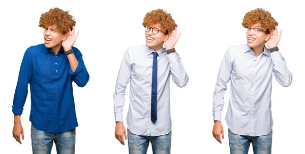 Kolaż Młodego Biznesmena Kręconymi Włosami Noszącego Okulary Białym Tle Uśmiechającego — Zdjęcie stockowe