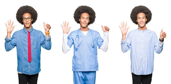 Colagem Jovem Com Cabelo Afro Sobre Fundo Isolado Branco Mostrando — Fotografia de Stock