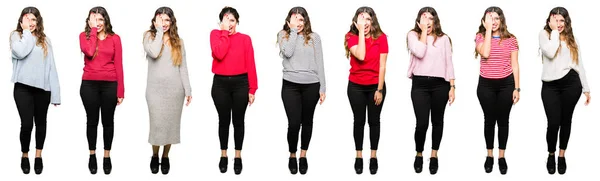 Collage Hermosa Mujer Joven Con Diferentes Miradas Sobre Fondo Blanco — Foto de Stock