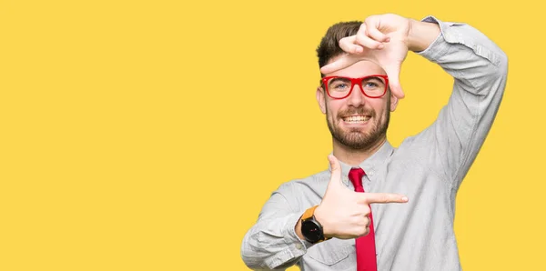 Young Handsome Business Man Wearing Glasses Smiling Making Frame Hands — Stock Photo, Image