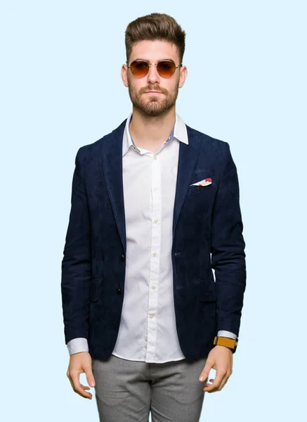 Young Handsome Elegant Man Wearing Sunglasses Fashion Blazer Serious Expression — Stock Photo, Image