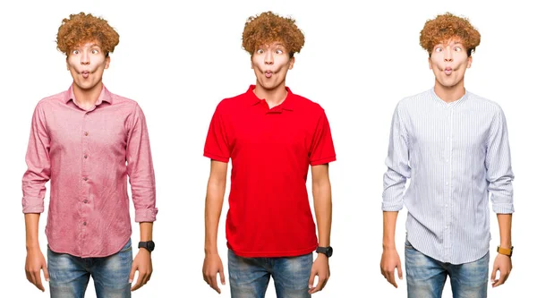 Colagem Jovens Empresários Homem Com Cabelos Encaracolados Sobre Fundo Branco — Fotografia de Stock