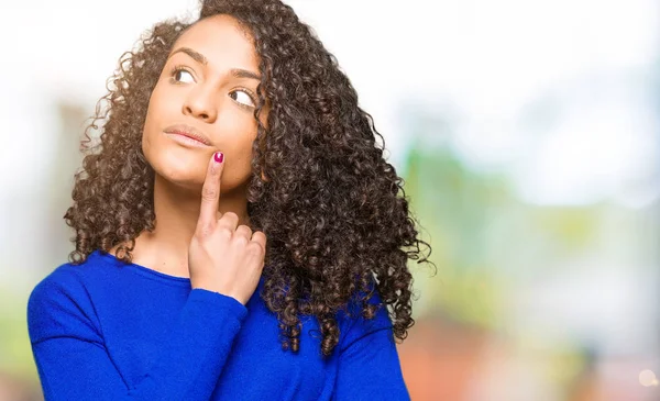 Young Beautiful Woman Curly Hair Wearing Winter Sweater Hand Chin — Stock Photo, Image