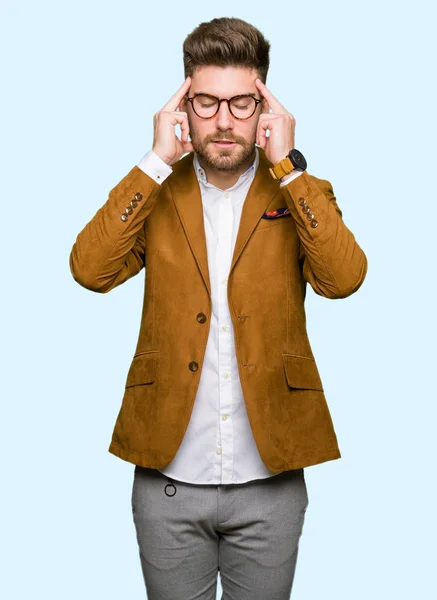 Young Handsome Business Man Wearing Glasses Hand Head Pain Head — Stock Photo, Image