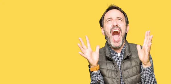 Middle Age Handsome Man Wearing Winter Vest Crazy Mad Shouting — Stock Photo, Image