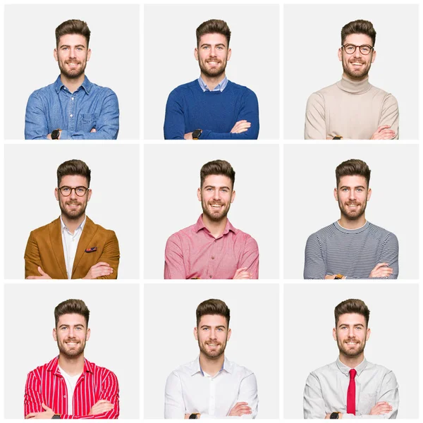 Collage Joven Hombre Negocios Guapo Con Diferentes Miradas Sobre Fondo —  Fotos de Stock