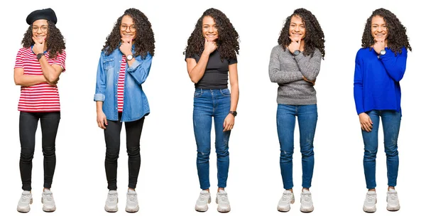 Koláž Krásné Mladé Ženy Kudrnatými Vlasy Bílé Izolované Pozadí Sebevědomým — Stock fotografie