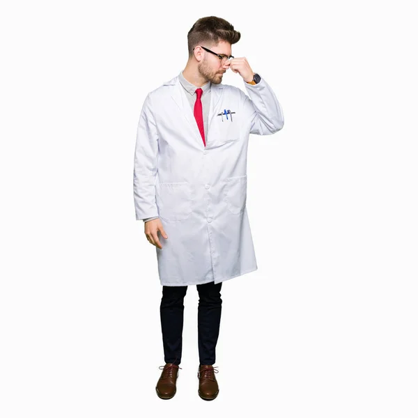 Young Handsome Scientist Man Wearing Glasses Tired Rubbing Nose Eyes — Stock Photo, Image