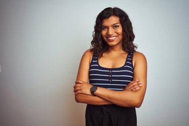 Transsexual transgender woman wearing striped t-shirt over isolated white background happy face smiling with crossed arms looking at the camera. Positive person. clipart