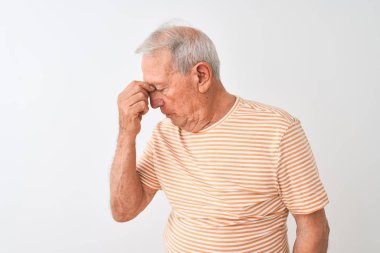 İzole edilmiş beyaz arka planda duran çizgili tişört giyen yaşlı gri saçlı adam yorgun burnu ve gözleri ovuşturarak yorgunluk ve baş ağrısı hissediyor. Stres ve hüsran kavramı.