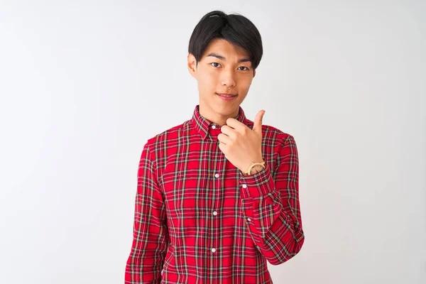 Young Chinese Man Wearing Casual Red Shirt Standing Isolated White — ストック写真