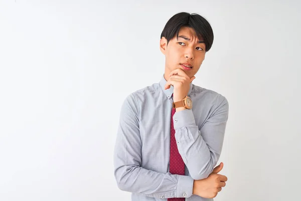 Chinese Businessman Wearing Elegant Tie Standing Isolated White Background Thinking — ストック写真