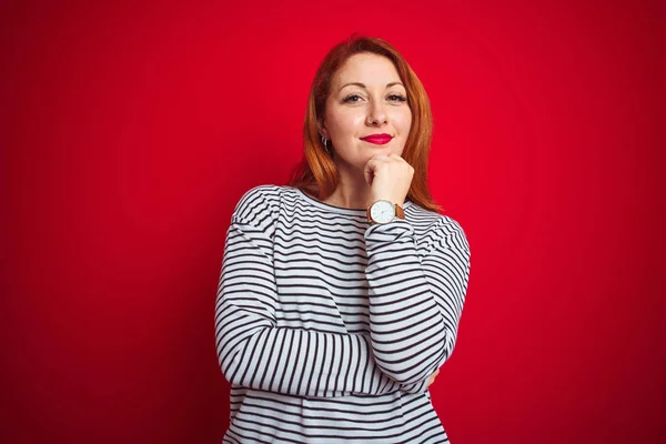 Young Redhead Woman Wearing Strapes Navy Shirt Standing Red Isolated — Stock Photo, Image