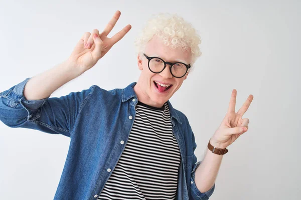 Young Albino Blond Man Wearing Denim Shirt Glasses Isolated White — Stock Photo, Image