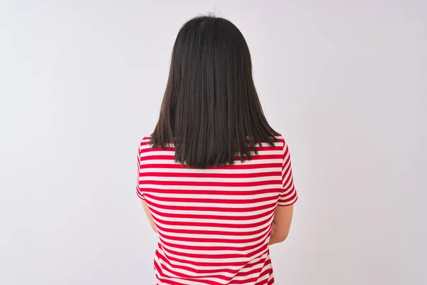 Young Beautiful Chinese Woman Wearing Red Striped Shirt Isolated White — Stock Photo, Image