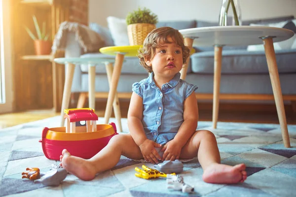 Beautiful Toddler Child Girl Sitting Carpet Playing Smartphone — Stock Photo, Image