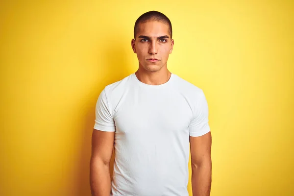 Young Caucasian Man Wearing Casual White Shirt Yellow Isolated Background — Stock Photo, Image