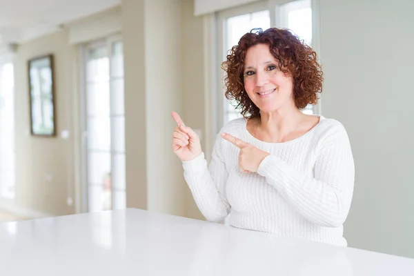 Beautiful Senior Woman Wearing White Sweater Home Smiling Looking Camera — Stock Photo, Image