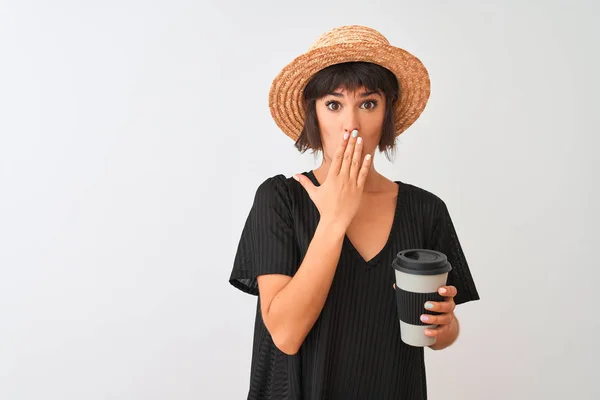 Hermosa Mujer Con Sombrero Verano Beber Tomar Tomar Café Sobre — Foto de Stock