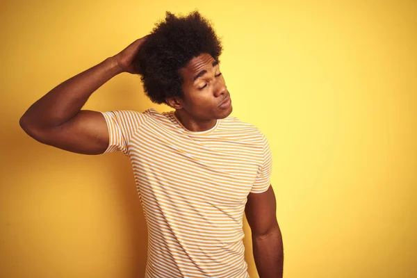 American Man Afro Hair Wearing Striped Shirt Standing Isolated Yellow — Stock Photo, Image