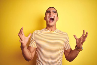 Sarı arka plan üzerine çizgili tişört giyen genç yakışıklı adam çılgın ve sinirli bir şekilde bağırıyor ve agresif bir ifade ve kollarla bağırıyor. Hayal kırıklığı konsepti.