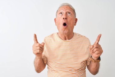 İzole edilmiş beyaz arka planda duran çizgili tişört giyen yaşlı gri saçlı adam şaşırmış ve şaşırmış ve parmaklarıyla işaret etmiş ve kollarını kaldırmış..