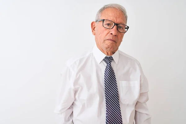 Senior grey-haired businessman wearing tie and glasses over isolated white background with serious expression on face. Simple and natural looking at the camera.
