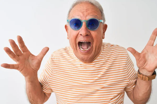 Senior Grey Haired Man Wearing Striped Shirt Sunglasses Isolated White — Stock Photo, Image
