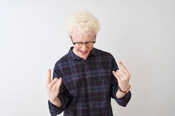 Ung Albino Blond Man Bär Casual Skjorta Och Glasögon Över — Stockfoto