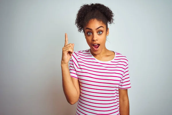 African American Woman Wearing Casual Pink Striped Shirt Isolated White — Stock Photo, Image