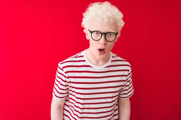 Young Albino Blond Man Wearing Striped Shirt Glasses Isolated Red — Stock Photo, Image