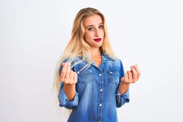 Young Beautiful Woman Wearing Casual Denim Shirt Standing Isolated White — Stock Photo, Image