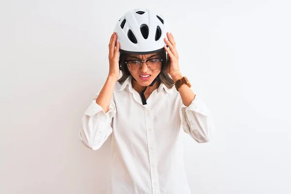 Beautiful Businesswoman Wearing Glasses Bike Helmet Isolated White Background Suffering — Stock Photo, Image