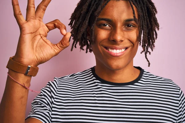 Afro American Man Dreadlocks Wearing Navy Striped Shirt Isolated Pink — Stock Photo, Image