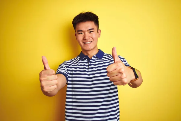 Mladý Asijský Číňan Pruhovaném Pólu Stojící Nad Osamělým Žlutým Pozadím — Stock fotografie