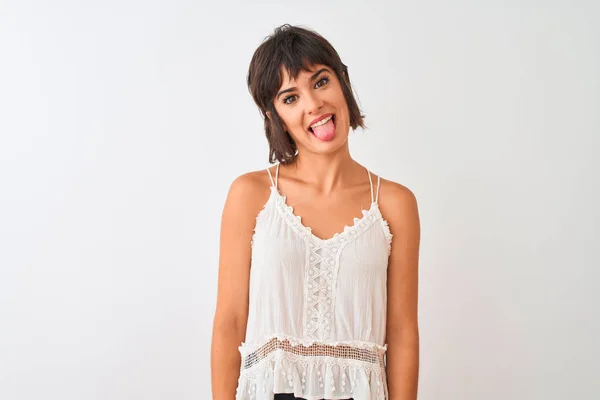Junge Schöne Frau Sommerlichem Lässigem Shirt Das Über Isoliertem Weißem — Stockfoto