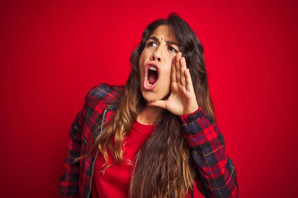 Young Beautiful Woman Wearing Casual Jacket Standing Red Isolated Background — Stock Photo, Image