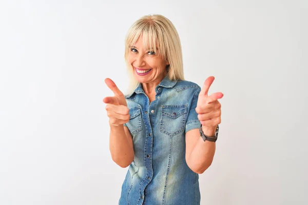 Middle Age Woman Wearing Casual Denim Shirt Standing Isolated White — Stock Photo, Image