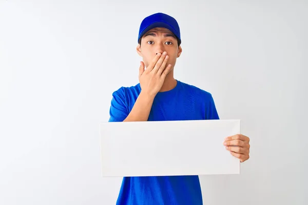 Chinese Deliveryman Wearing Cap Holding Banner Standing Isolated White Background — ストック写真