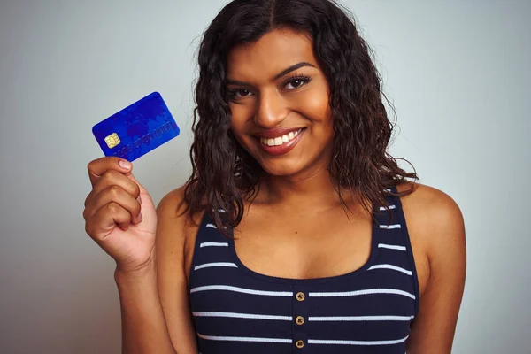 Transsexual Transgender Customer Woman Holding Credit Card Isolated White Background — Stock Photo, Image