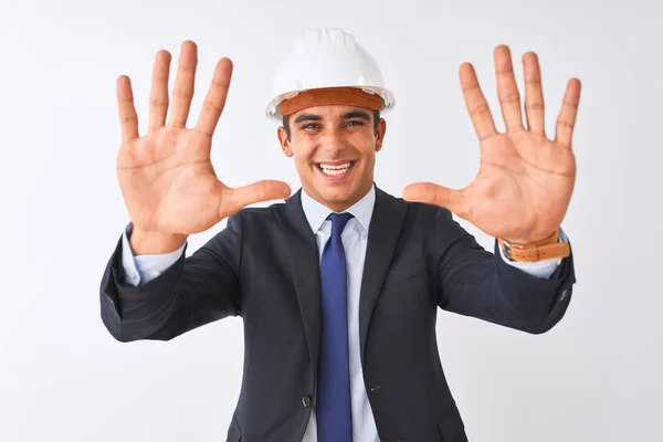 Young Handsome Architect Man Wearing Suit Helmet Isolated White Background — Stock Photo, Image