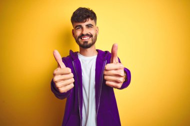 İzole edilmiş sarı arka plan üzerine mor spor kazak giyen genç adam elle olumlu jest yapmayı onaylıyor, gülümsüyor ve başarı için mutlu. Kazanan jest.