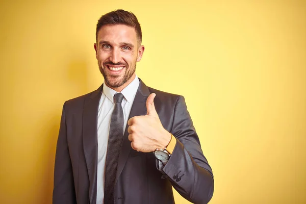 Joven Hombre Negocios Guapo Sobre Fondo Aislado Amarillo Haciendo Gesto —  Fotos de Stock