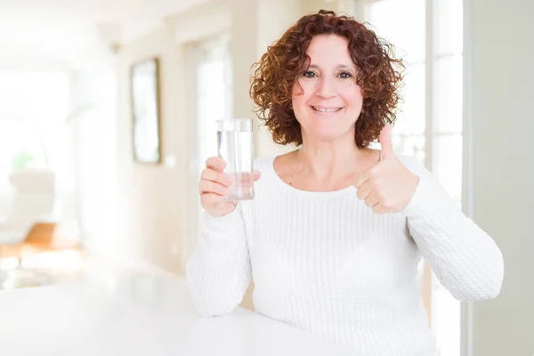 Senior Woman Driking Fresh Glass Water Happy Big Smile Doing — Stock Photo, Image