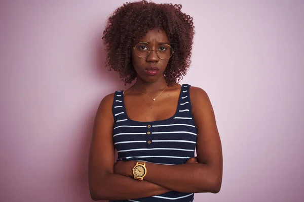 Young African Afro Woman Wearing Striped Shirt Glasses Isolated Pink — Stock Photo, Image