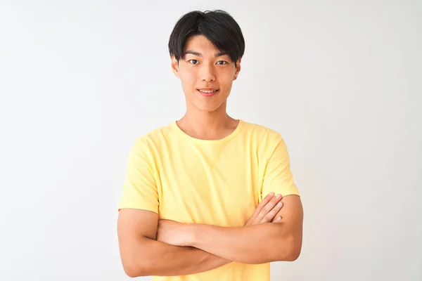 Chinese Man Wearing Yellow Casual Shirt Standing Isolated White Background — Stock Photo, Image