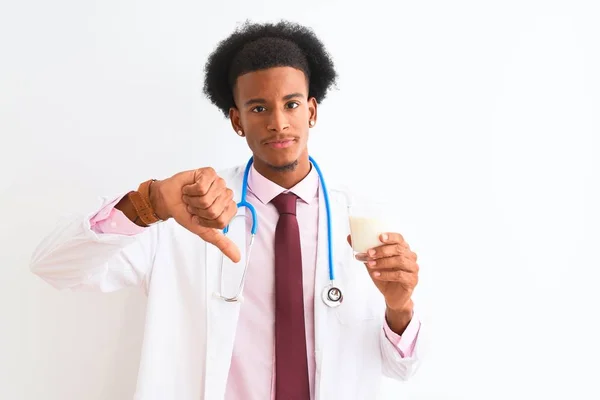 Young African American Doctor Man Drinking Glass Milk Isolated White — Stock Photo, Image