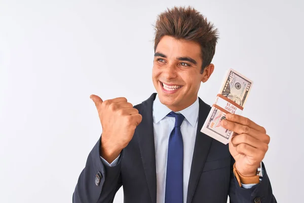 Young Handsome Businessman Wearing Suit Holding Dollars Isolated White Background — Stock Photo, Image